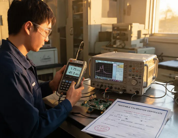 Engineer measuring at an RF lab bench